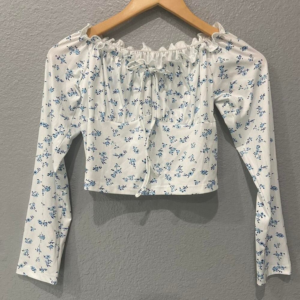 SHEIN white and blue floral crop top with ruffle trim